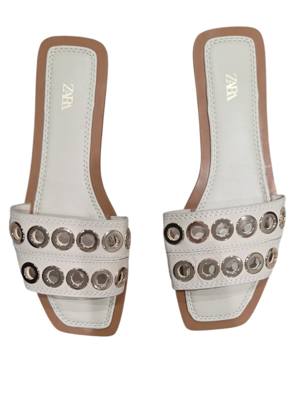 Zara Ivory Leather Slide Sandals with Metallic Grommets Size 7.5 - Picture 2 of 4